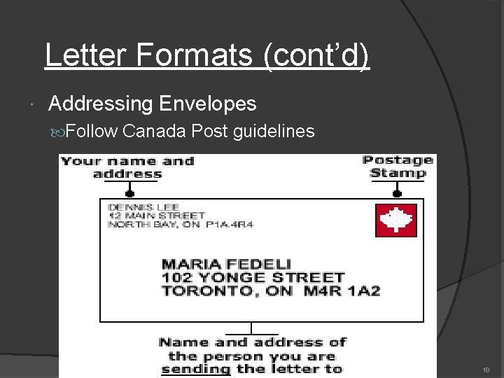 Letter Formats (cont’d) Addressing Envelopes Follow Canada Post guidelines 18 