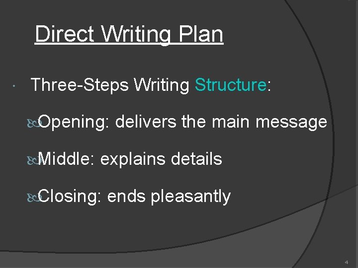 Direct Writing Plan Three-Steps Writing Structure: Opening: delivers the main message Middle: explains details