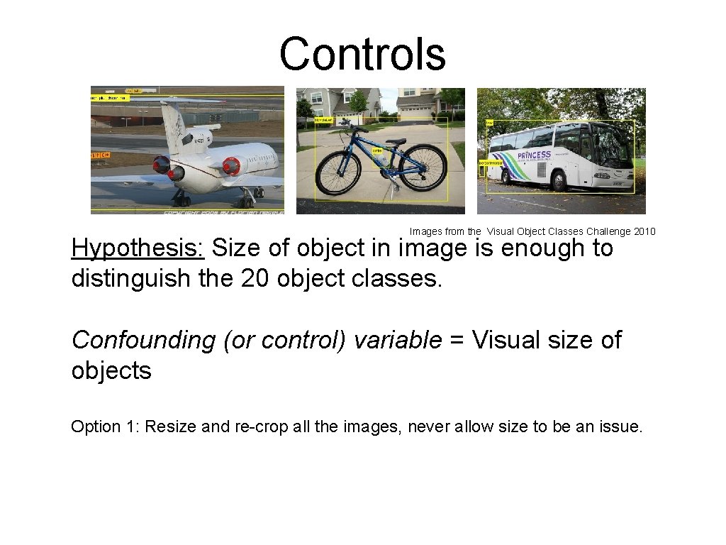 Controls Images from the Visual Object Classes Challenge 2010 Hypothesis: Size of object in
