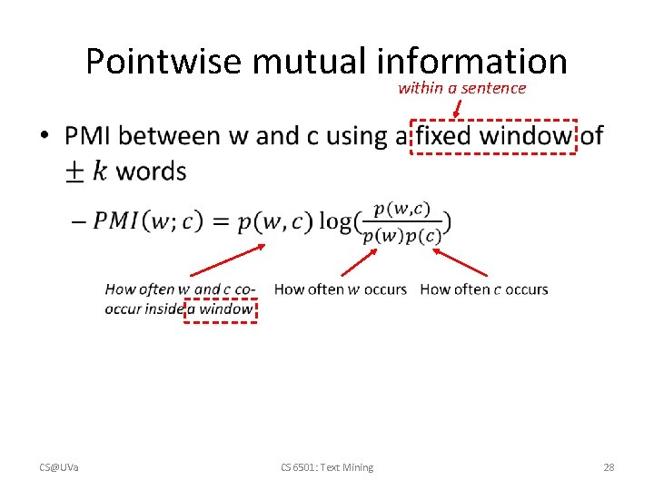 Pointwise mutual information within a sentence • CS@UVa CS 6501: Text Mining 28 