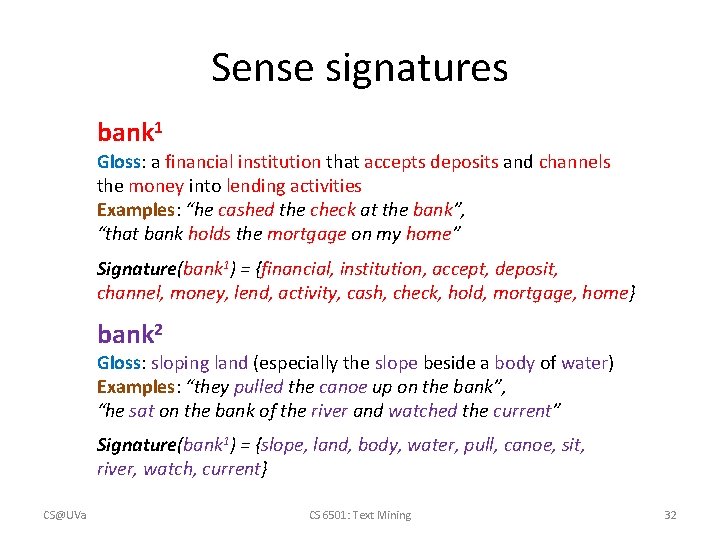 Sense signatures bank 1 Gloss: a financial institution that accepts deposits and channels the