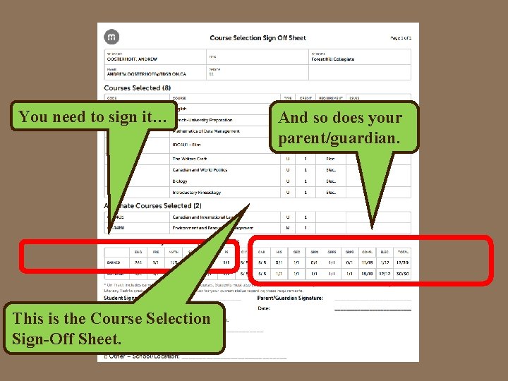 You need to sign it… This is the Course Selection Sign-Off Sheet. And so