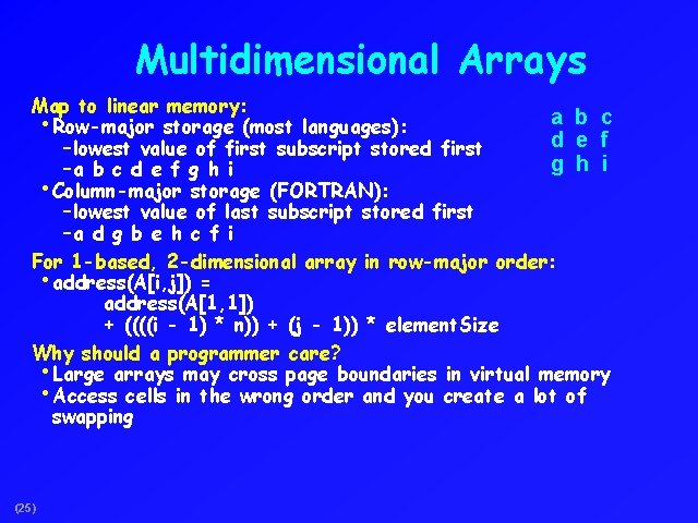 Multidimensional Arrays Map to linear memory: a b c • Row-major storage (most languages):