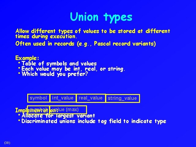 Union types Allow different types of values to be stored at different times during