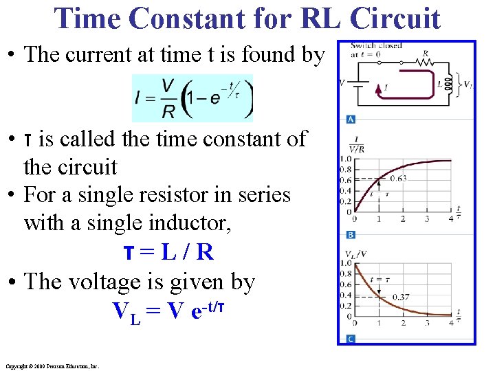 Time Constant for RL Circuit • The current at time t is found by
