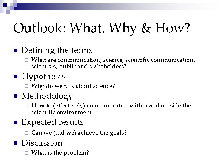 Outlook: What, Why & How? n Defining the terms ¨ n Hypothesis ¨ n