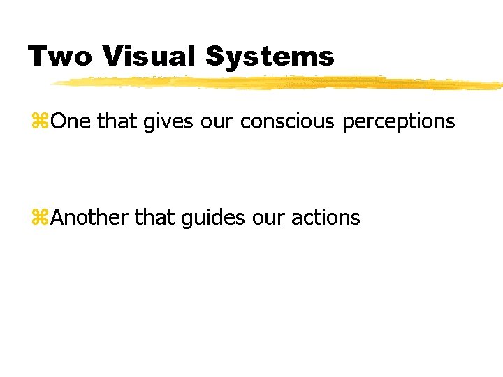 Two Visual Systems z. One that gives our conscious perceptions z. Another that guides