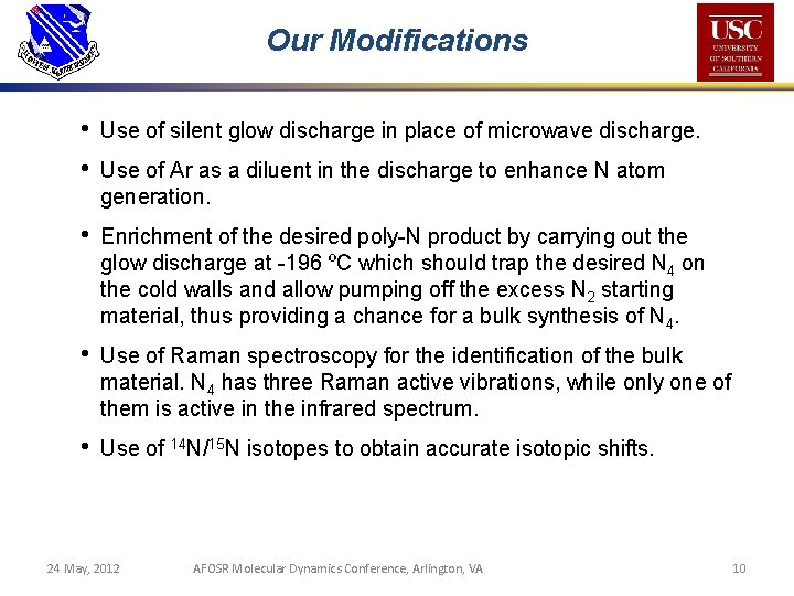 Our Modifications • • Use of silent glow discharge in place of microwave discharge.