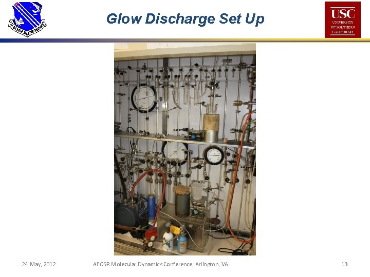 Glow Discharge Set Up 24 May, 2012 AFOSR Molecular Dynamics Conference, Arlington, VA 13