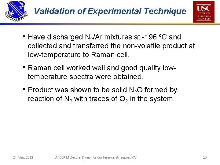 Validation of Experimental Technique • Have discharged N 2/Ar mixtures at -196 ºC and