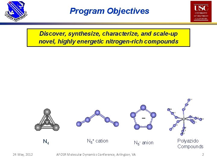 Program Objectives Discover, synthesize, characterize, and scale-up novel, highly energetic nitrogen-rich compounds N 4
