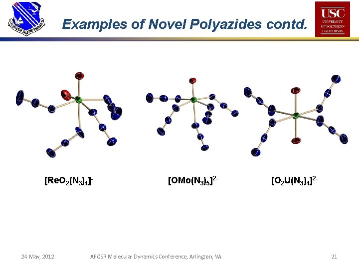 Examples of Novel Polyazides contd. [Re. O 2(N 3)4]- 24 May, 2012 [OMo(N 3)5]2