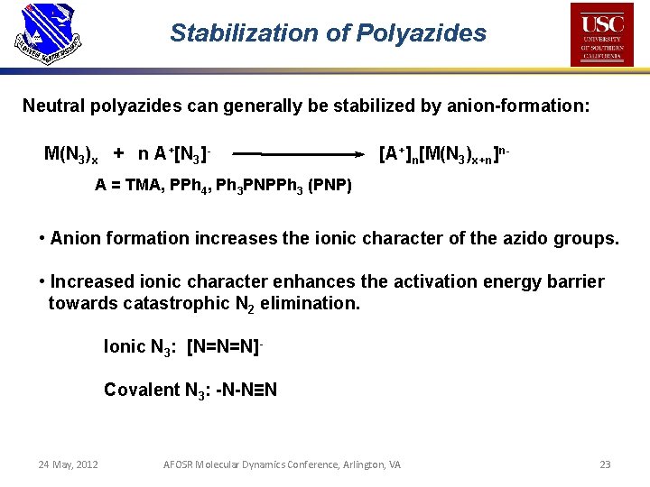 Stabilization of Polyazides Neutral polyazides can generally be stabilized by anion-formation: M(N 3)x +