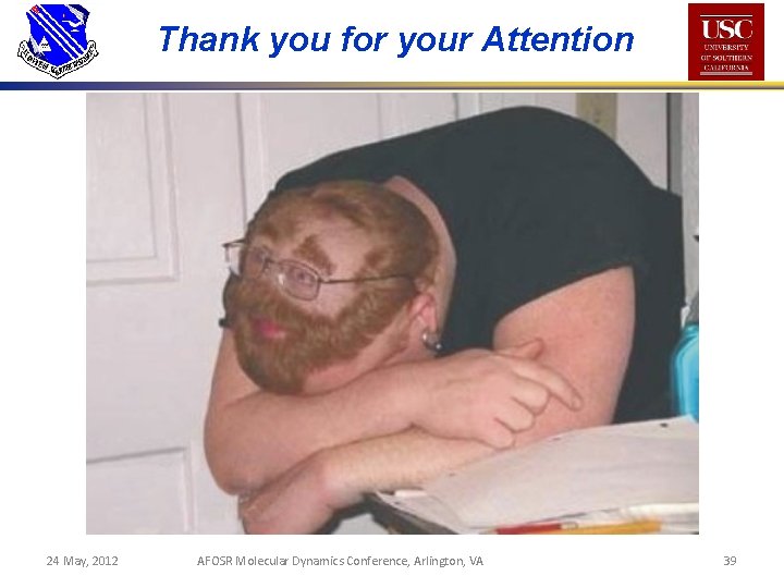 Thank you for your Attention 24 May, 2012 AFOSR Molecular Dynamics Conference, Arlington, VA