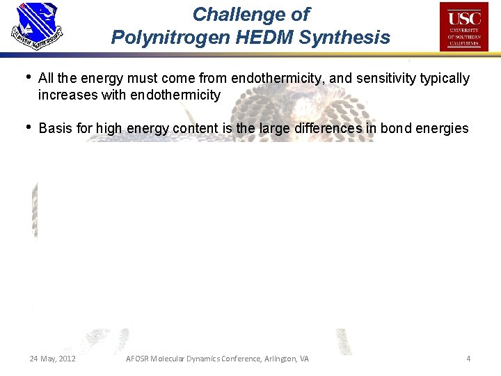 Challenge of Polynitrogen HEDM Synthesis • All the energy must come from endothermicity, and