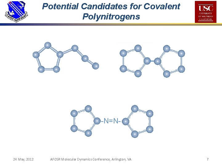 Potential Candidates for Covalent Polynitrogens _ -N=N- 24 May, 2012 AFOSR Molecular Dynamics Conference,