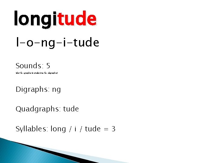 longitude l-o-ng-i-tude Sounds: 5 (dot for graphs & underline for digraphs) Digraphs: ng Quadgraphs: longitude l-o-ng-i-tude Sounds: 5 (dot for graphs & underline for digraphs) Digraphs: ng Quadgraphs: