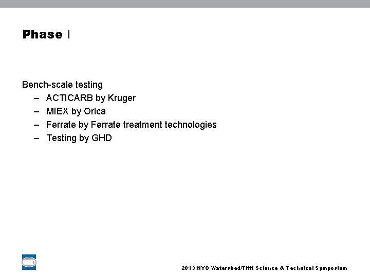 Phase I Bench-scale testing – ACTICARB by Kruger – MIEX by Orica – Ferrate