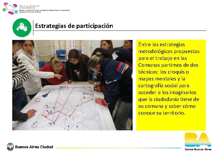 Estrategias de participación Entre las estrategias metodológicas propuestas para el trabajo en las Comunas