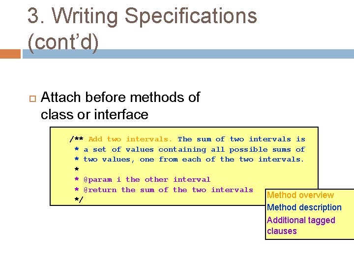 3. Writing Specifications (cont’d) 15 Attach before methods of class or interface /** Add