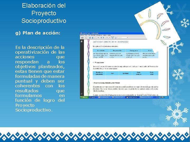 Elaboración del Proyecto Socioproductivo g) Plan de acción: Es la descripción de la operativización