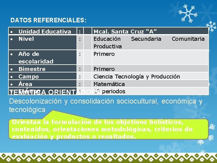 DATOS REFERENCIALES: Unidad Educativa : Mcal. Santa Cruz “A” Nivel : Educación Secundaria Comunitaria