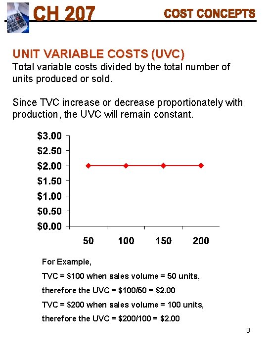 UNIT VARIABLE COSTS (UVC) Total variable costs divided by the total number of units