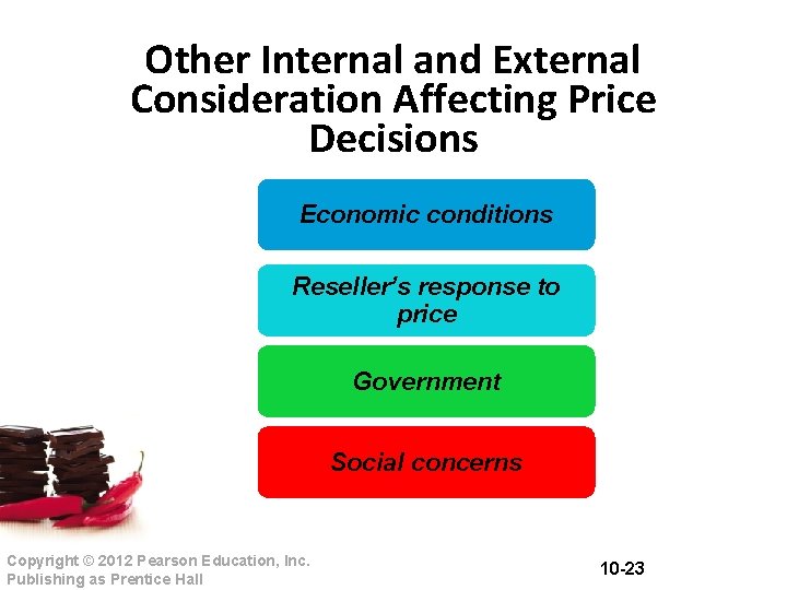 Other Internal and External Consideration Affecting Price Decisions Economic conditions Reseller’s response to price