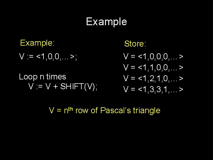 Example: Store: V : = <1, 0, 0, …>; V = <1, 0, 0,