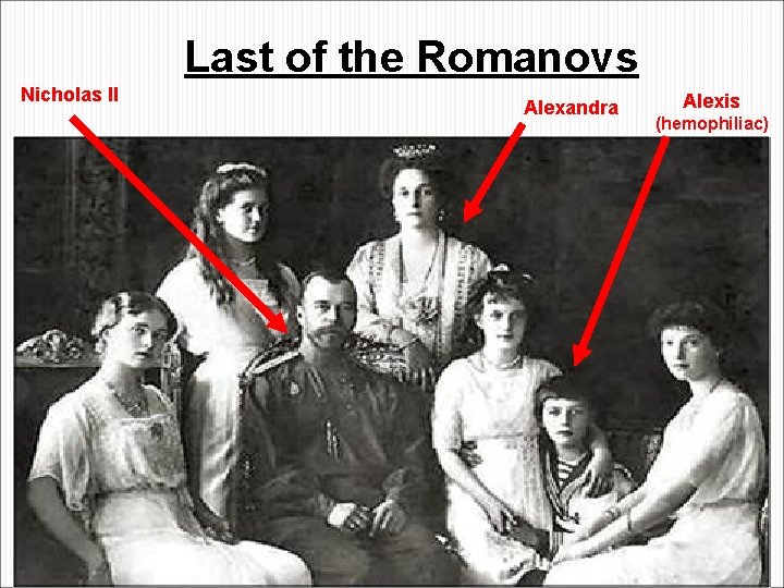 Last of the Romanovs Nicholas II Alexandra Alexis (hemophiliac) 