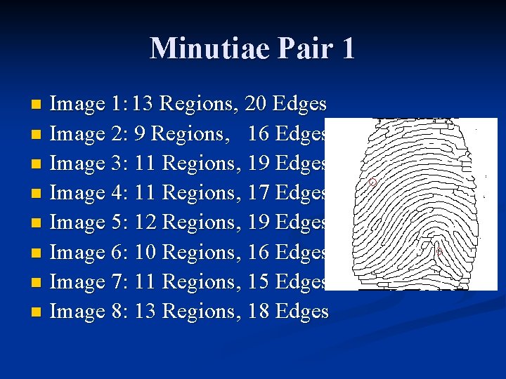 Minutiae Pair 1 Image 1: 13 Regions, 20 Edges n Image 2: 9 Regions,