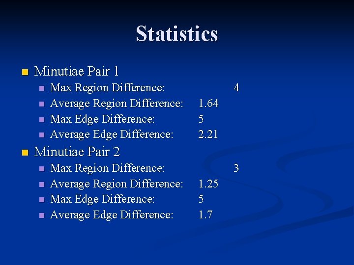 Statistics n Minutiae Pair 1 n n n Max Region Difference: Average Region Difference: