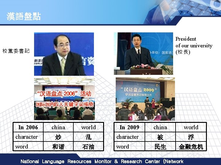漢語盤點 President of our university (校長) 校黨委書記 In 2006 china world character 炒 乱