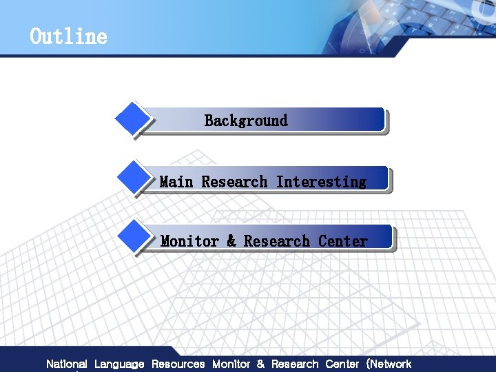 Outline Background Main Research Interesting Monitor & Research Center National Language Resources Monitor &