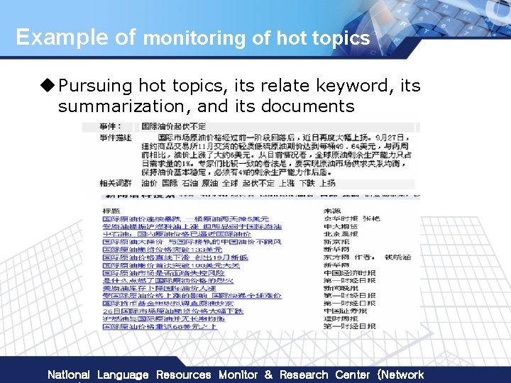 Example of monitoring of hot topics u Pursuing hot topics, its relate keyword, its