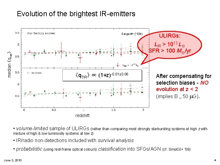 Evolution of the brightest IR-emitters Sargent+ (‘ 10 b) ULIRGs: median 〈q. TIR〉 LIR