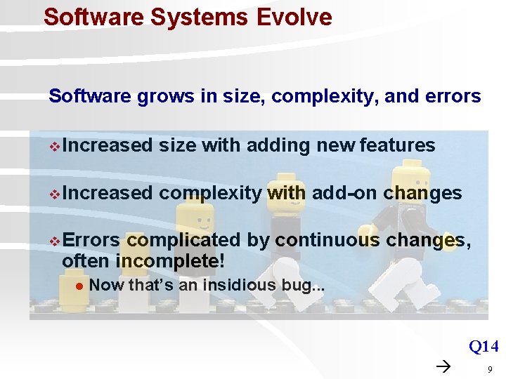 Software Systems Evolve Software grows in size, complexity, and errors v Increased size with