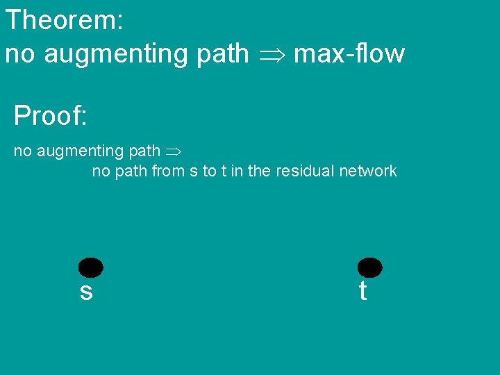 Theorem: no augmenting path max-flow Proof: no augmenting path no path from s to