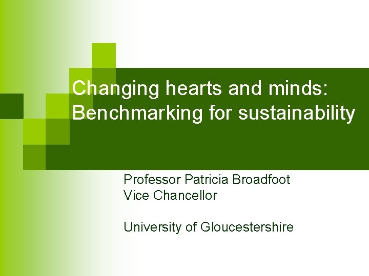 Changing hearts and minds: Benchmarking for sustainability Professor Patricia Broadfoot Vice Chancellor University of