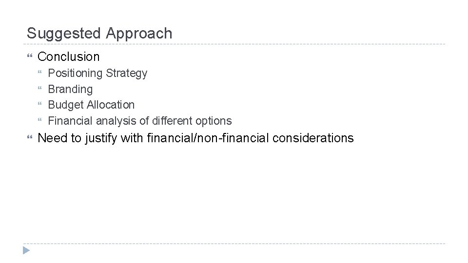 Suggested Approach Conclusion Positioning Strategy Branding Budget Allocation Financial analysis of different options Need Suggested Approach Conclusion Positioning Strategy Branding Budget Allocation Financial analysis of different options Need