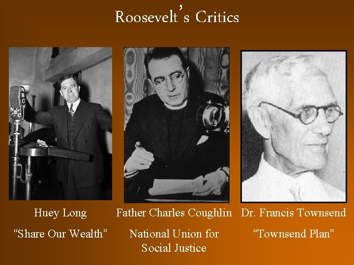 Roosevelt’s Critics Huey Long “Share Our Wealth” Father Charles Coughlin Dr. Francis Townsend National