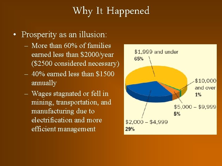 Why It Happened • Prosperity as an illusion: – More than 60% of families