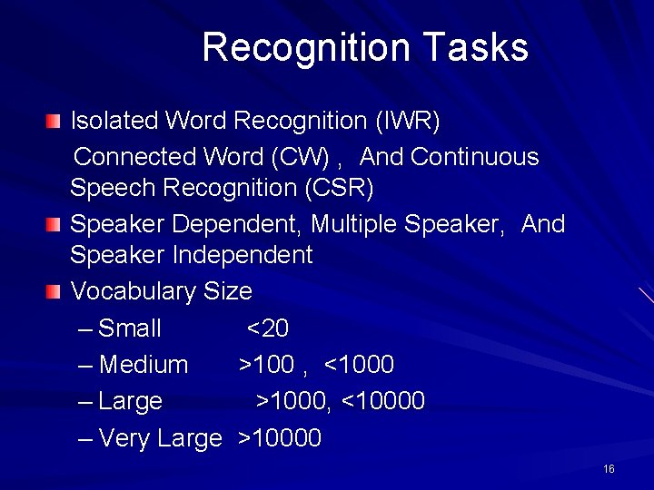 Recognition Tasks Isolated Word Recognition (IWR) Connected Word (CW) , And Continuous Speech Recognition