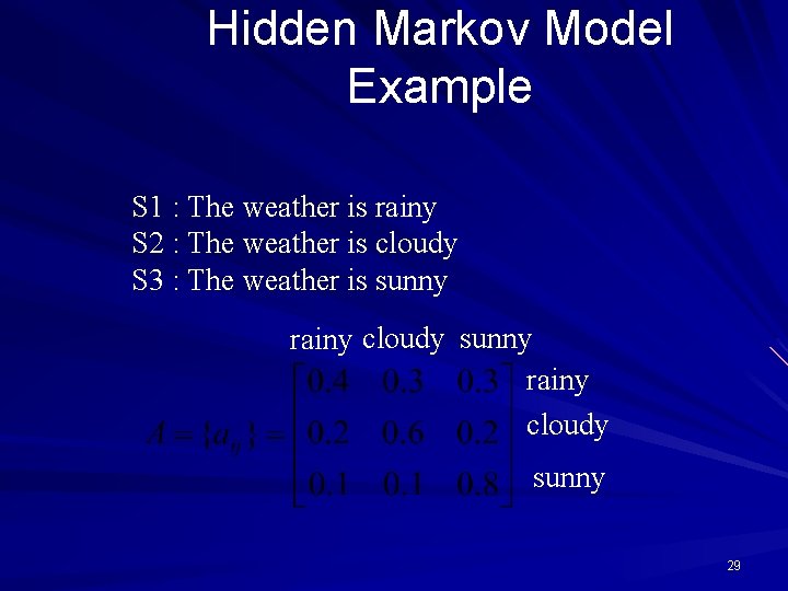 Hidden Markov Model Example S 1 : The weather is rainy S 2 :