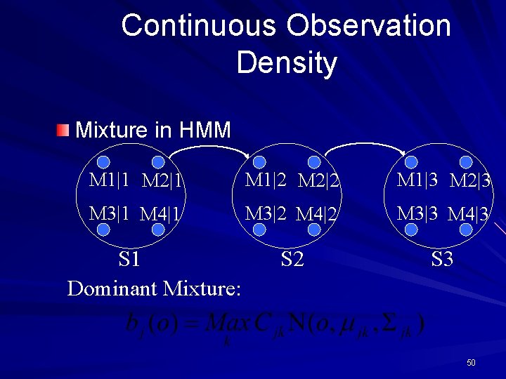 Continuous Observation Density Mixture in HMM M 1|1 M 2|1 M 1|2 M 2|2