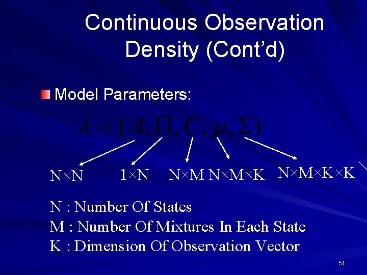 Continuous Observation Density (Cont’d) Model Parameters: N×N 1×N N×M×K×K N : Number Of States