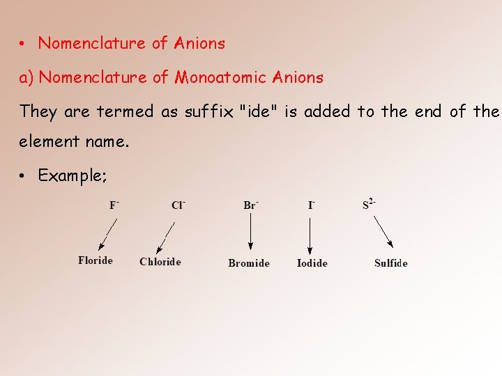  • Nomenclature of Anions a) Nomenclature of Monoatomic Anions They are termed as