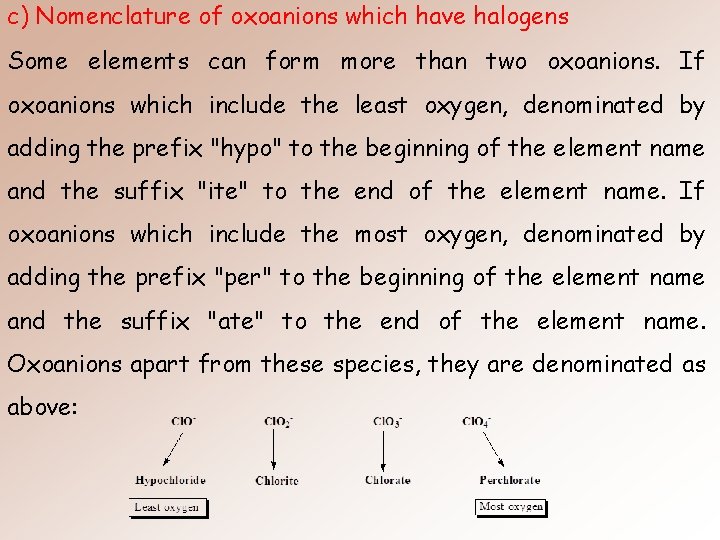 c) Nomenclature of oxoanions which have halogens Some elements can form more than two