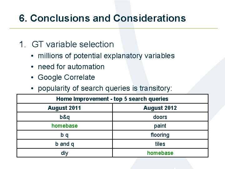 6. Conclusions and Considerations 1. GT variable selection • • millions of potential explanatory