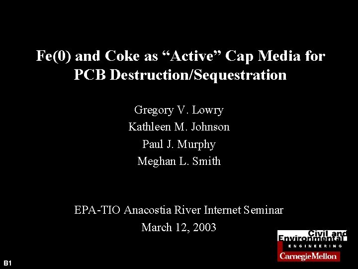 Fe(0) and Coke as “Active” Cap Media for PCB Destruction/Sequestration Gregory V. Lowry Kathleen